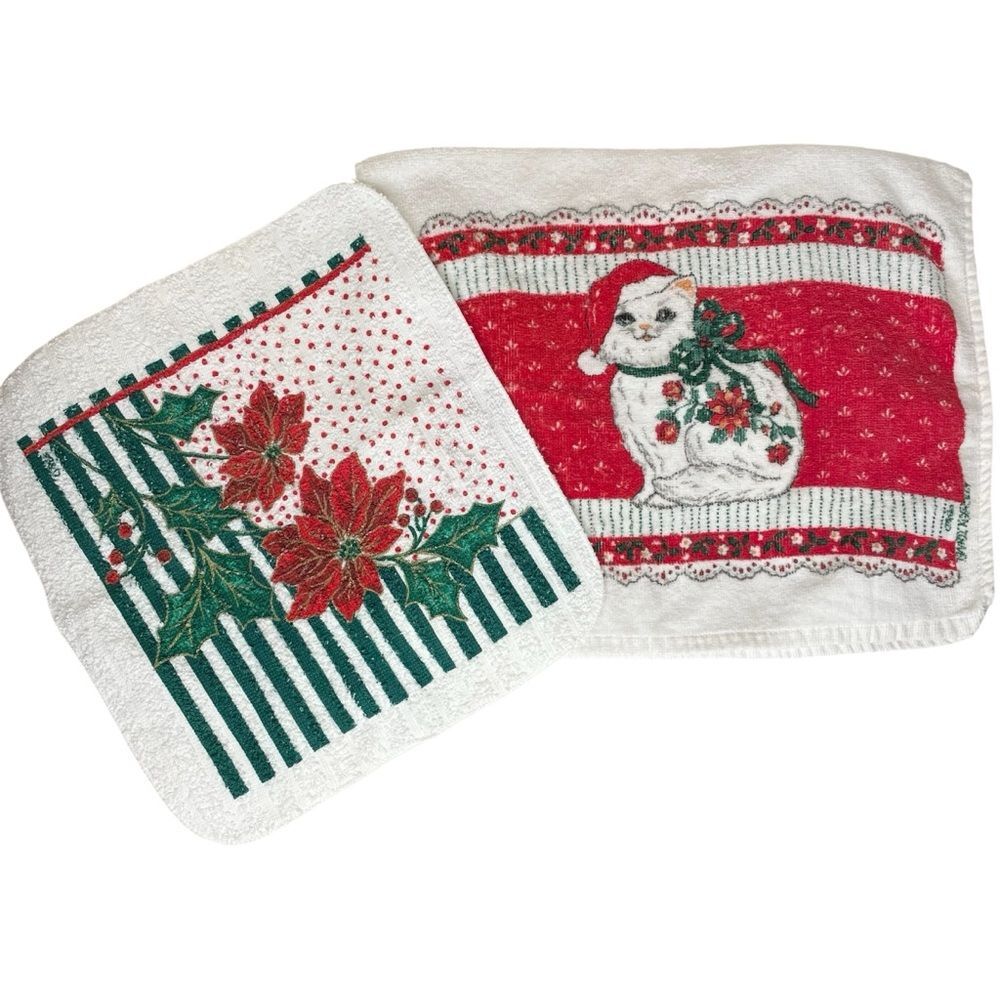 Christmas Hand Towels Set of Two Holiday Cat Santa Hat Poinsettia Holly Cotton